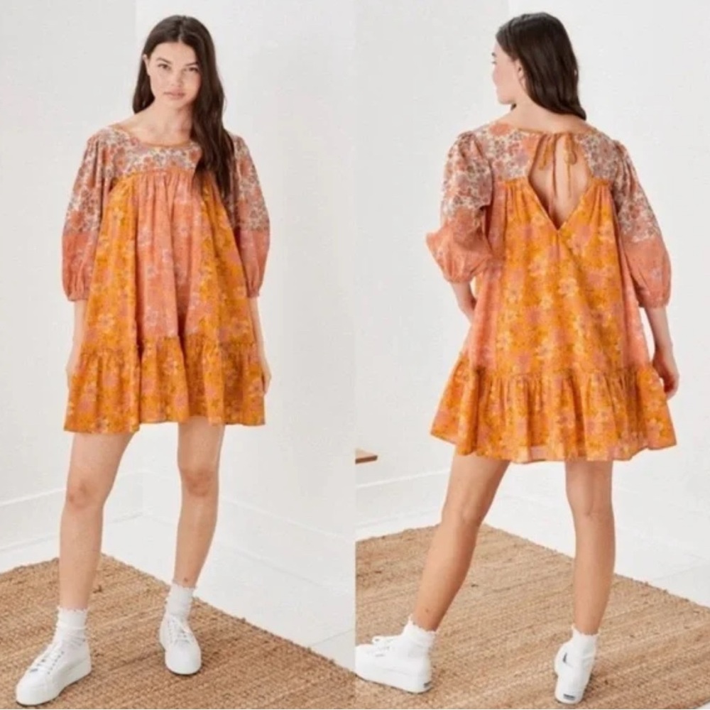 American Eagle 🦅 Orange Floral Scope-neck 3/4 Sleeve Mini Dress